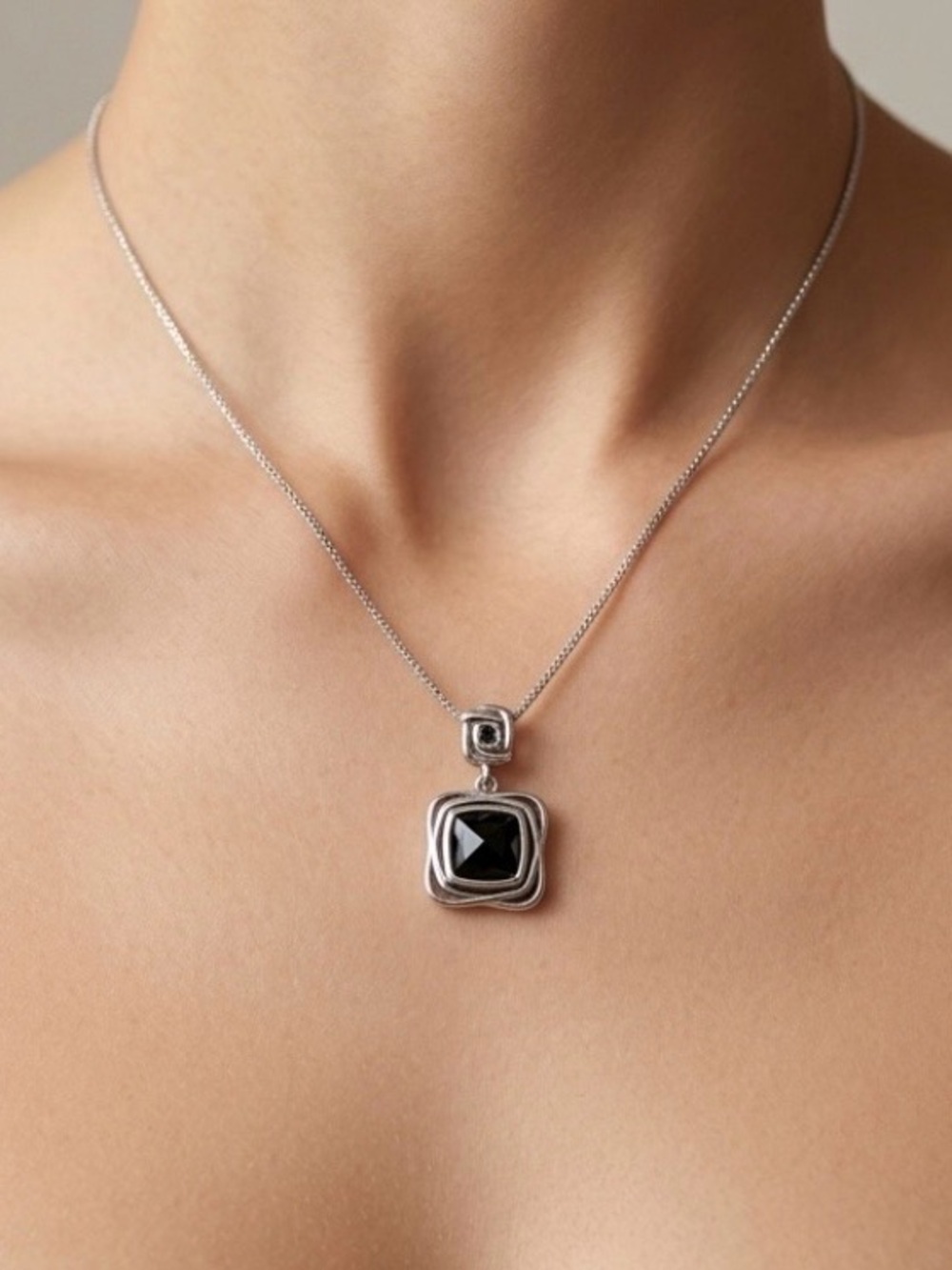 Magnolia Silver Sterling Silver Square Pendant Necklace Y2K Black Stone 925